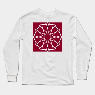 White Islamic Geometric Pattern Stars on Dark Pink Background Long Sleeve T-Shirt